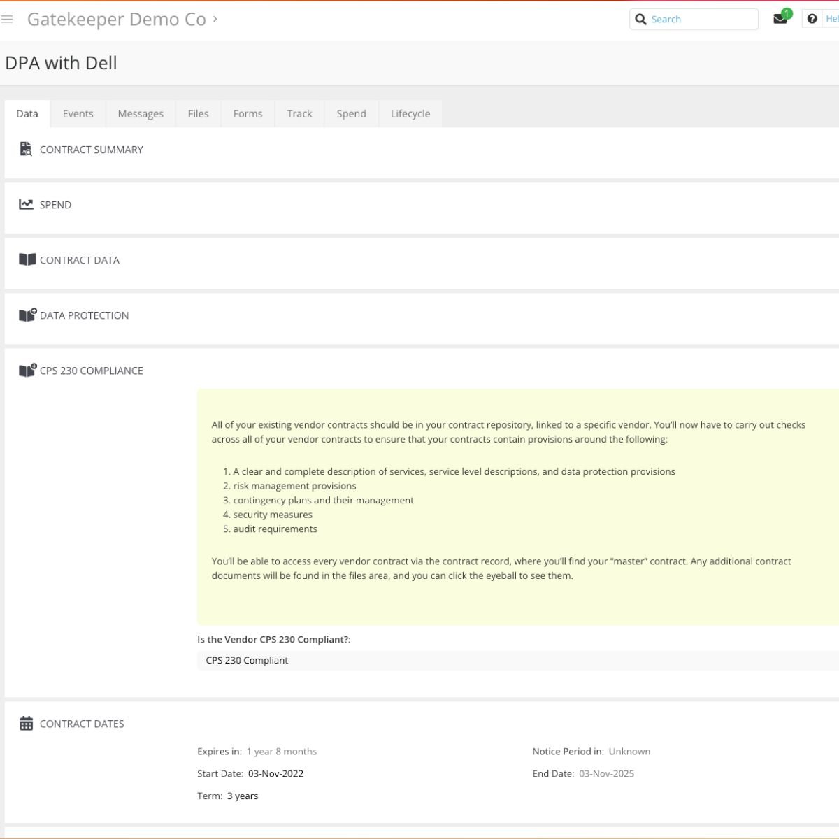 CPS 230 Compliance Status in the Vendor Record